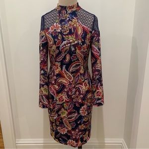 Nicole Miller Floral Paisley Lace Shoulder Long Sleeve Midi Dress — Size 8